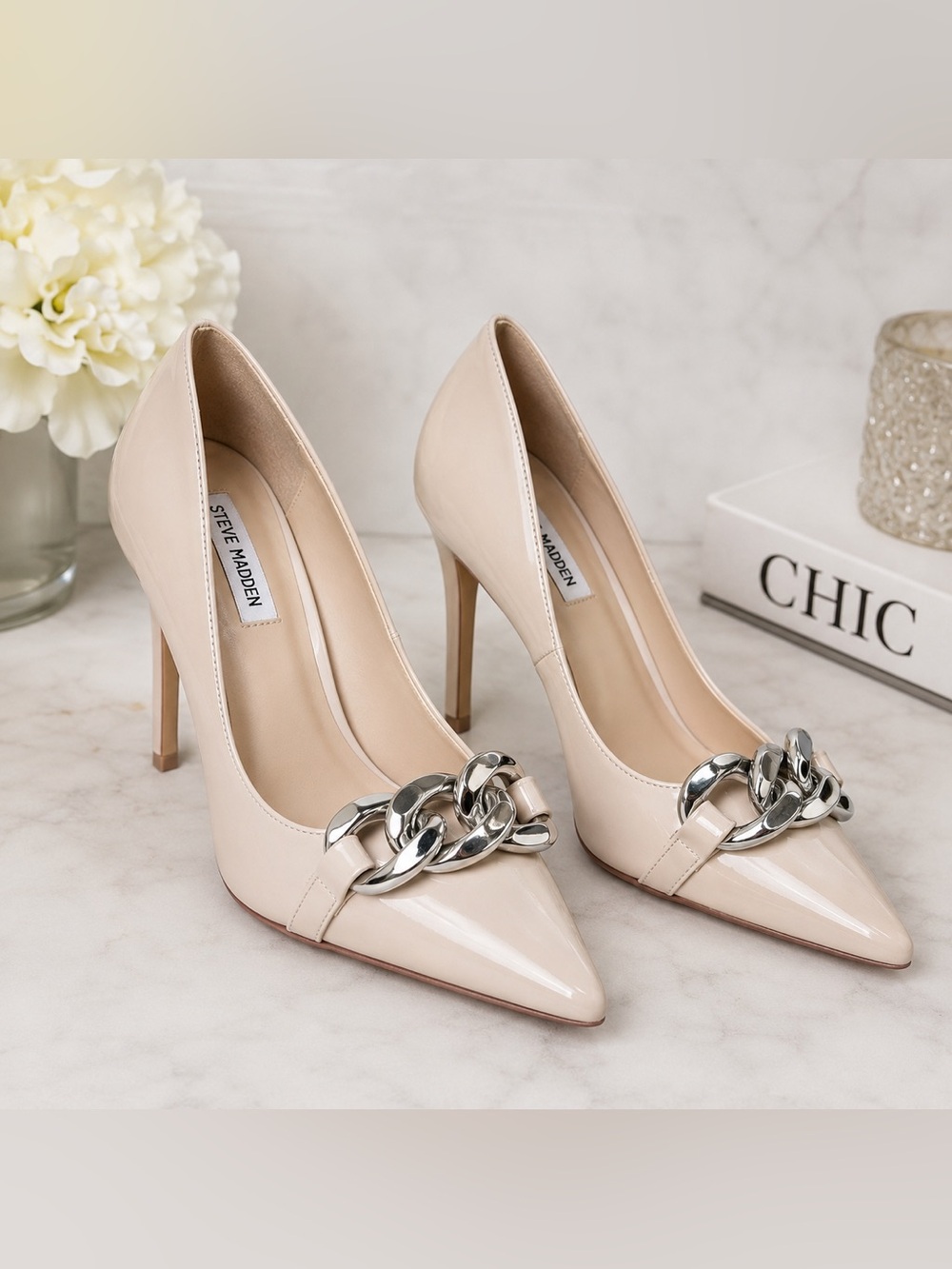 Steve Madden Zilda Nude Patent Chain Pointed Toe Stiletto Pumps Heels